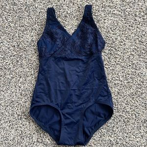 Handmade navy leotard with floral detailed top